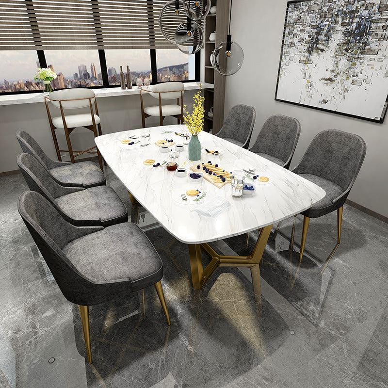 Rechteckiger weißer Tisch mit gesinterter Steinplatte, Esstisch mit Bockgestell, Metall in Gold