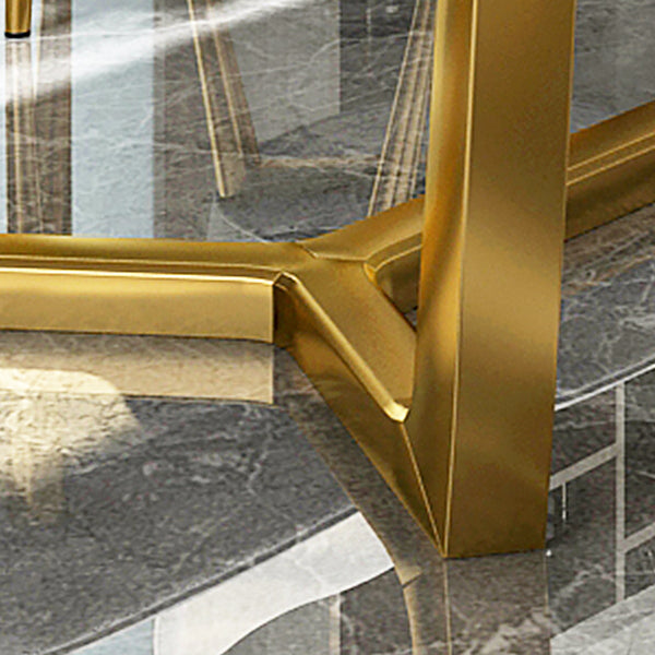 Rechteckiger weißer Tisch mit gesinterter Steinplatte, Esstisch mit Bockgestell, Metall in Gold