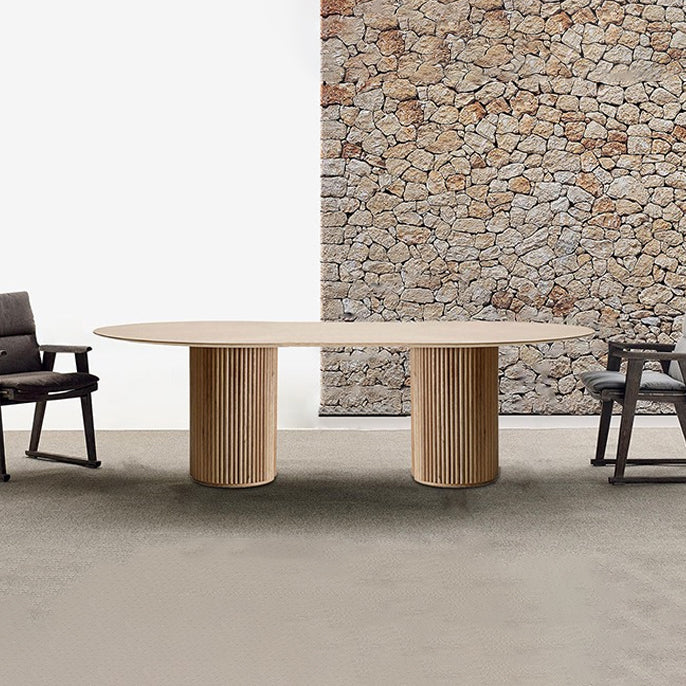 Mesa de comedor minimalista de doble pedestal oval