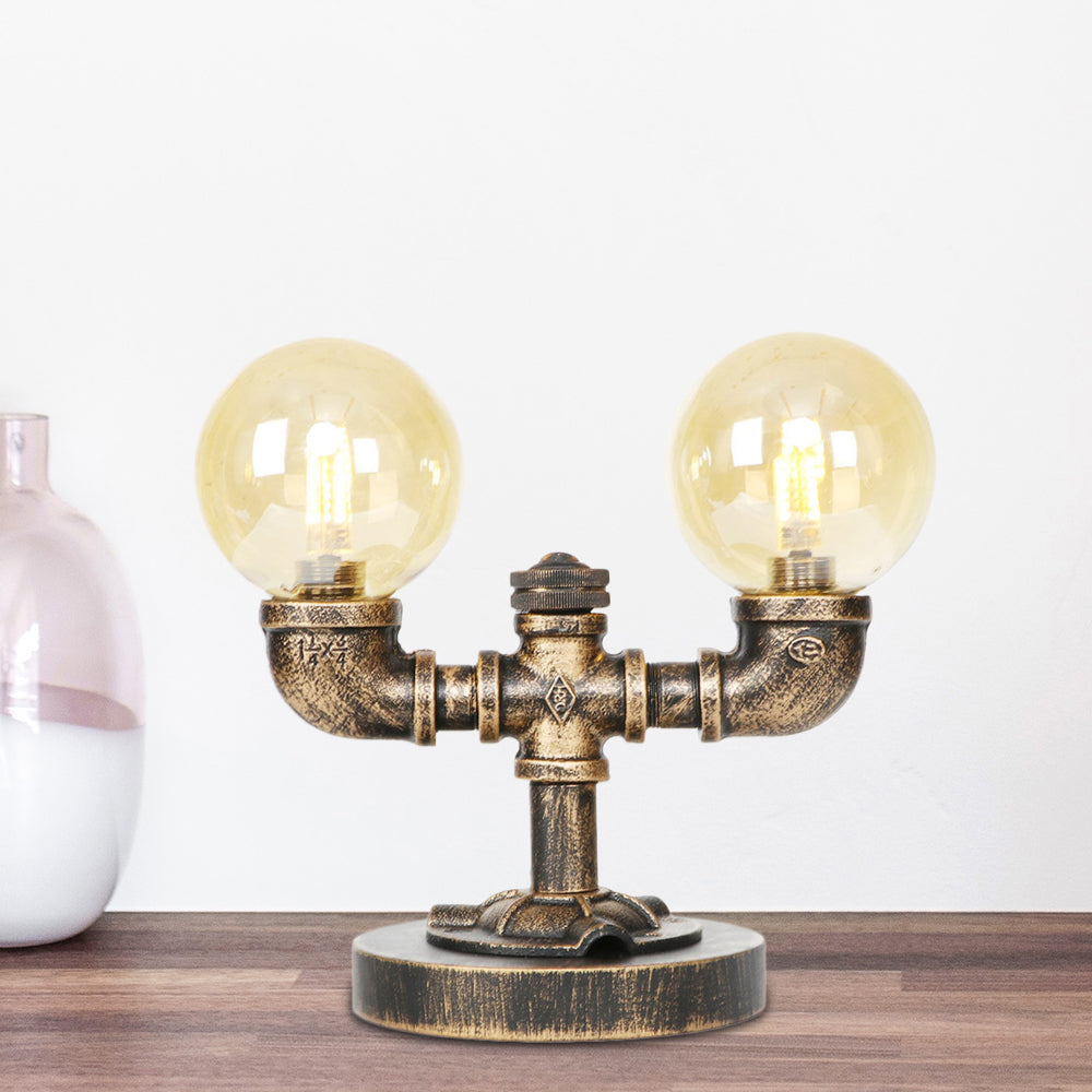 Tarea de sombra redonda de vidrio transparente/ámbar iluminación vintage estilo 2 luces lámpara de escritorio de cafetería en plata antigua/bronce