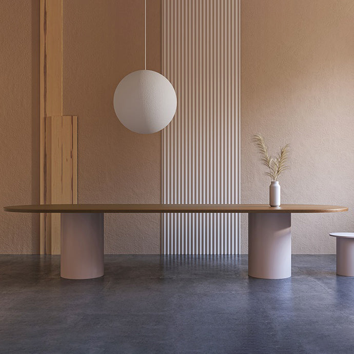 Mesa de madera maciza de pino moderna Mesa de comedor ovalado con base de pedestal doble