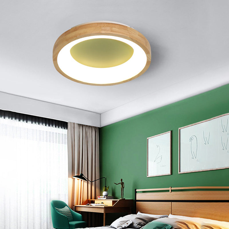 Wood Circular Thin Flushmount Lighting Nordic Style Green/Blue LED Ceiling Mounted Light, 12"/16"/19.5" Width