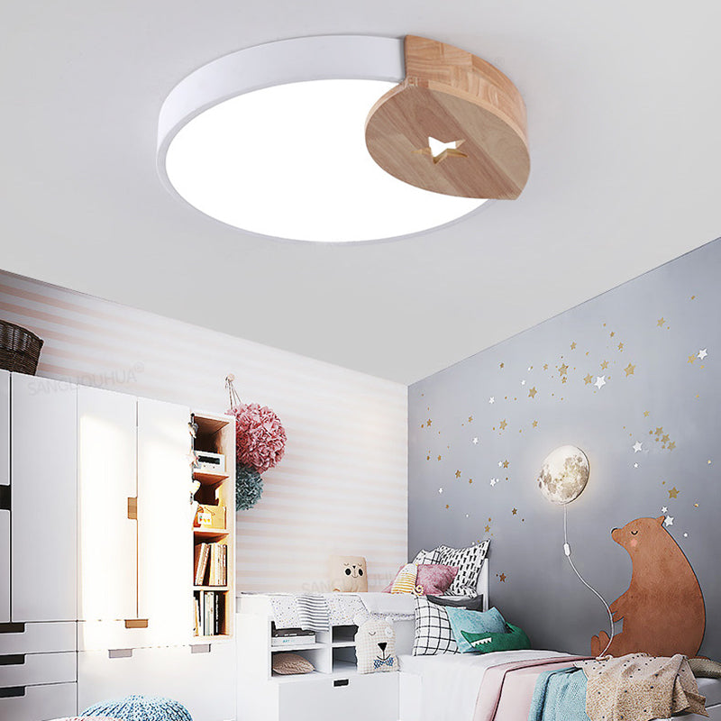 White Round Thin Ceiling Fixture Simple Acrylic 9"/12"/20" Wide LED Flush Mounted Lamp with Wood Guard, Warm/White Light