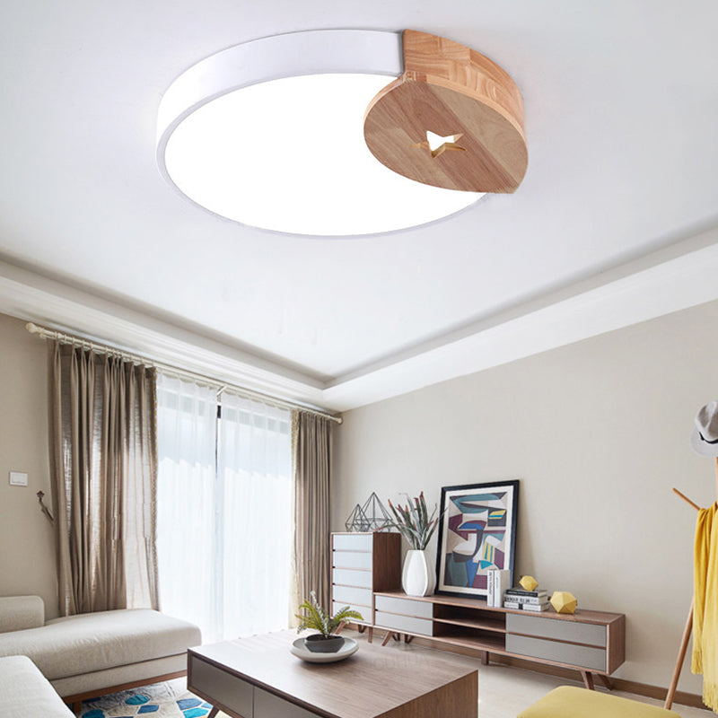 White Round Thin Ceiling Fixture Simple Acrylic 9"/12"/20" Wide LED Flush Mounted Lamp with Wood Guard, Warm/White Light