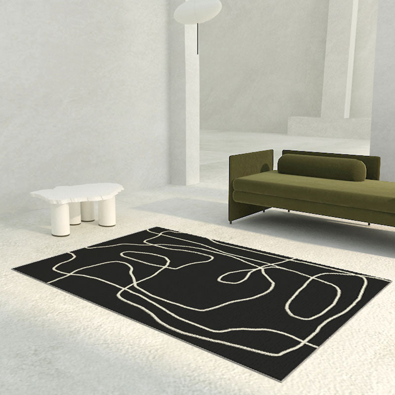 Black Modern Area Carpet Abstract Pattern Polyester Area Rug Non-Slip Backing Rug for Home Decor
