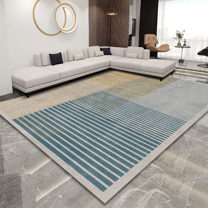 Modern Color Block Area Carpet Blue Polyester Area Rug Non-Slip Backing Rug for Living Room