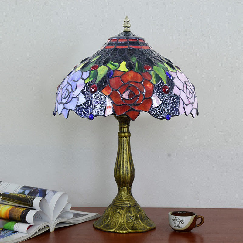 Flower Nightstand Lamp Tiffany Style Stained Art Glass Multi-Color Table Lamp