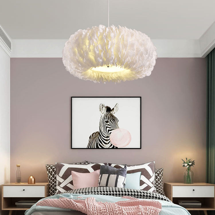 Bedroom Feather Pendant Lamp Nordic Style Round Shape Feather Hanging Chandelier Lamp