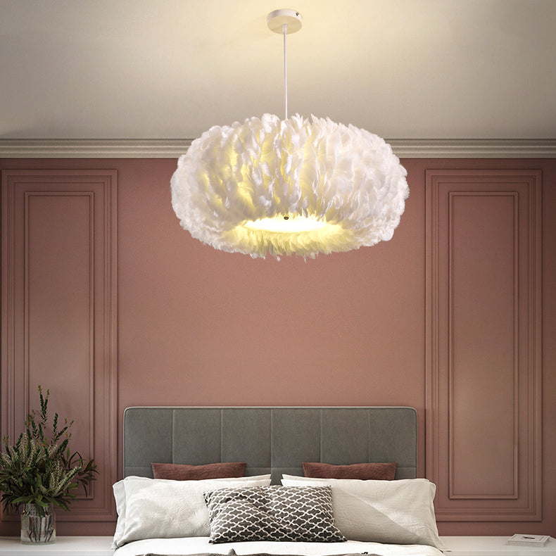 Bedroom Feather Pendant Lamp Nordic Style Round Shape Feather Hanging Chandelier Lamp