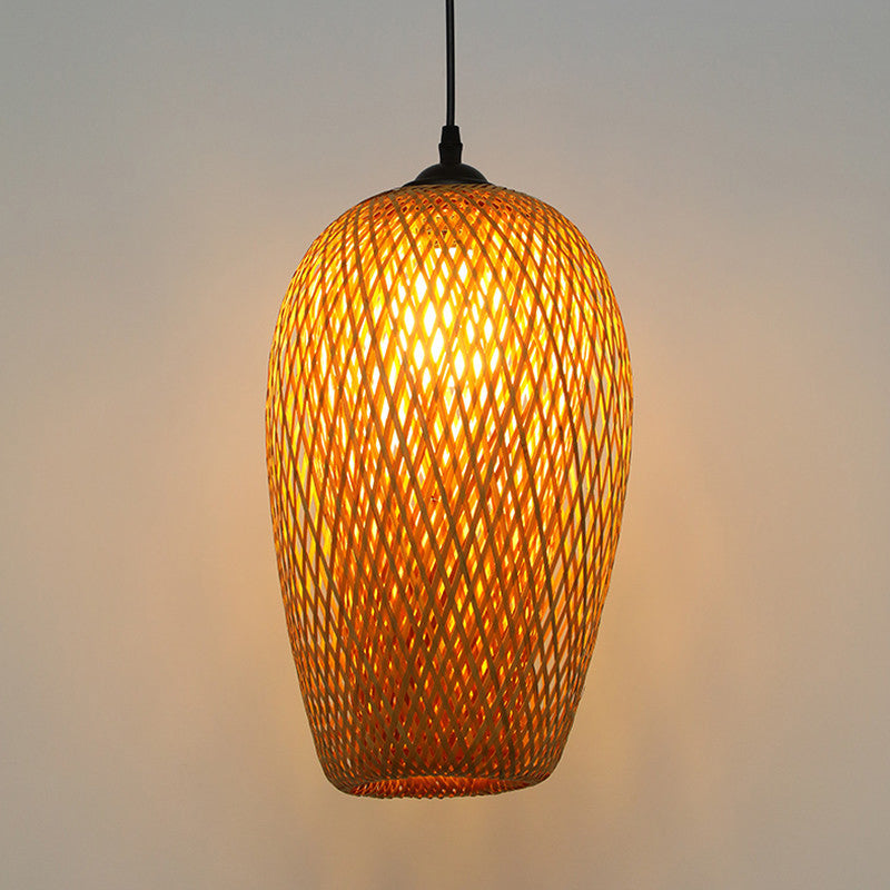 Asian Creative Drum Pendant Light Bamboo Weaving Hanging Lamp for Interior Spaces