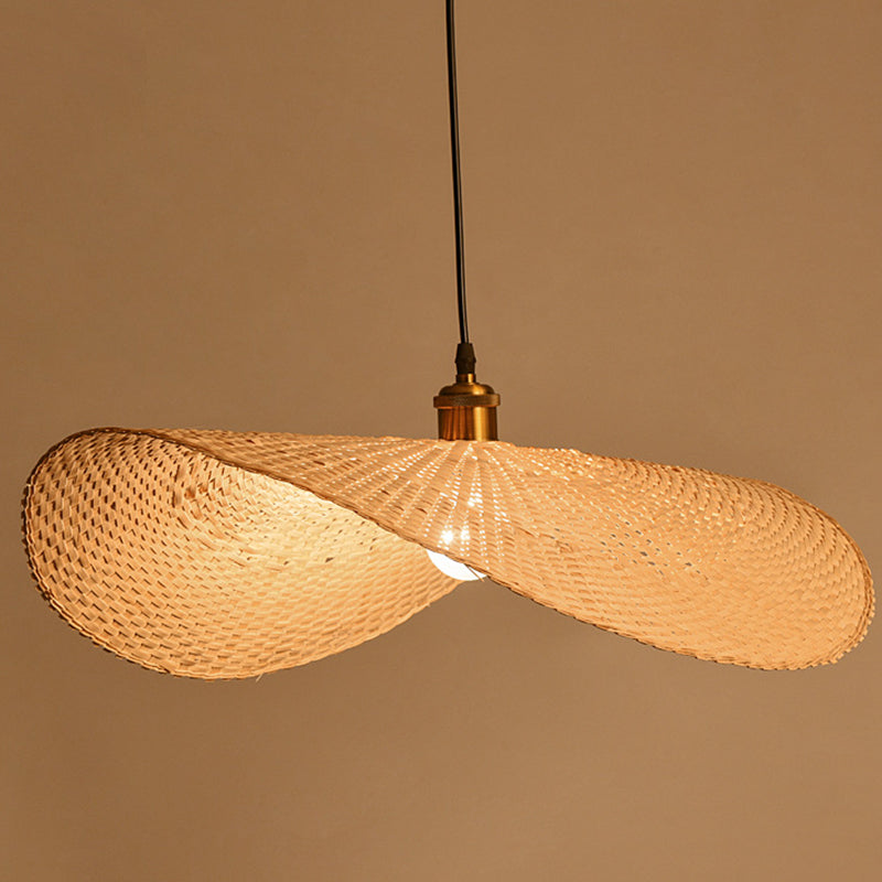 1-Light Beige Bamboo Suspended Lighting Fixture Chinese Pendant Light Kit