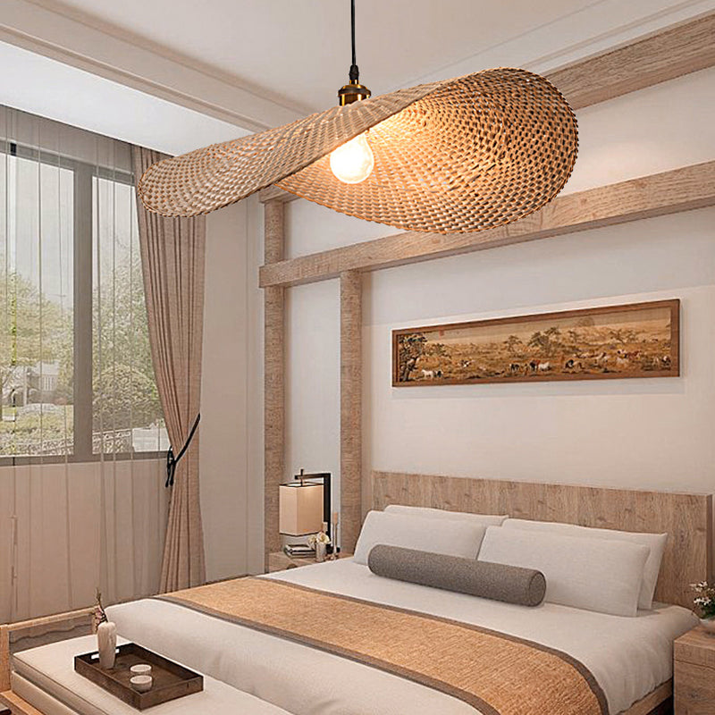 1-Light Beige Bamboo Suspended Lighting Fixture Chinese Pendant Light Kit