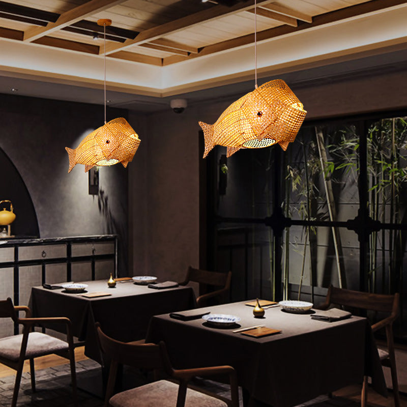 Bamboo Japanese Pendant Light Creative Fish 1-Light Hanging Ceiling Light