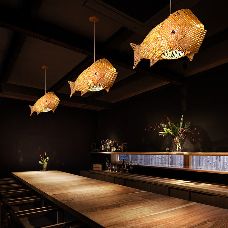 Bamboo Japanese Pendant Light Creative Fish 1-Light Hanging Ceiling Light