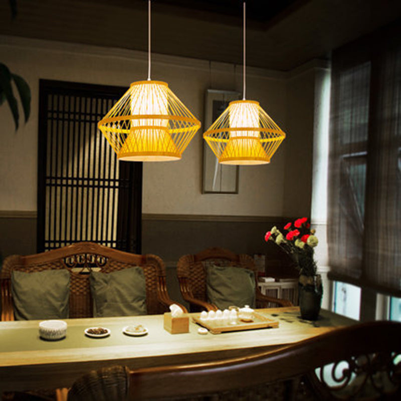 Bamboo Asia Pendant Light 1-Light Beige Geometric Hanging Ceiling Light