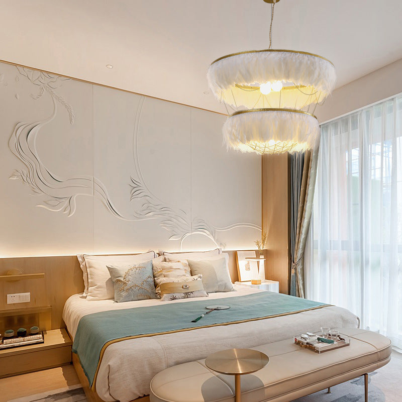 Hand-Woven Chandelier Minimalist Feather Shade Bedroom Living Room Pendant Lighting