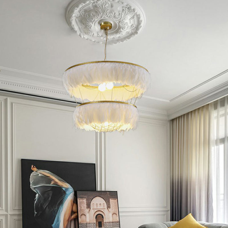 Hand-Woven Chandelier Minimalist Feather Shade Bedroom Living Room Pendant Lighting