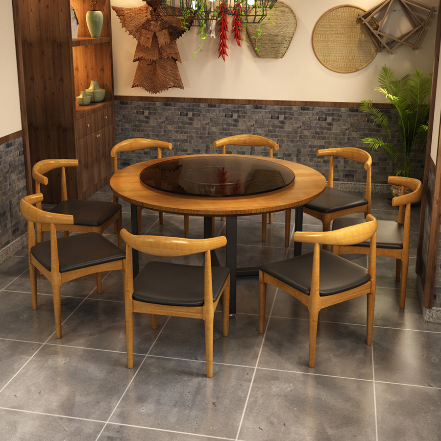 Contemporary Style Wood Dining Table Round Shape Table with Metallic Trestle Base