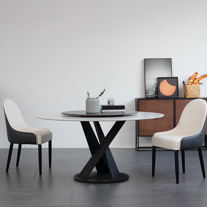Hedendaagse ronde eettafel gesinterde stenen tafel met zwarte voetstukbasis, 47.2 "l x 27.6" w x 30 "h