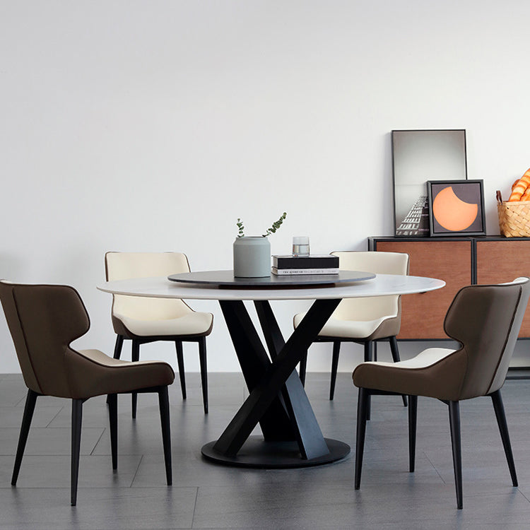Hedendaagse ronde eettafel gesinterde stenen tafel met zwarte voetstukbasis, 47.2 "l x 27.6" w x 30 "h