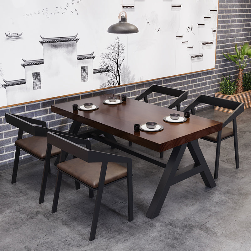 Industrial Solid Wood Dining Table Brown Rectangle Table with Trestle Base for Dinning Room