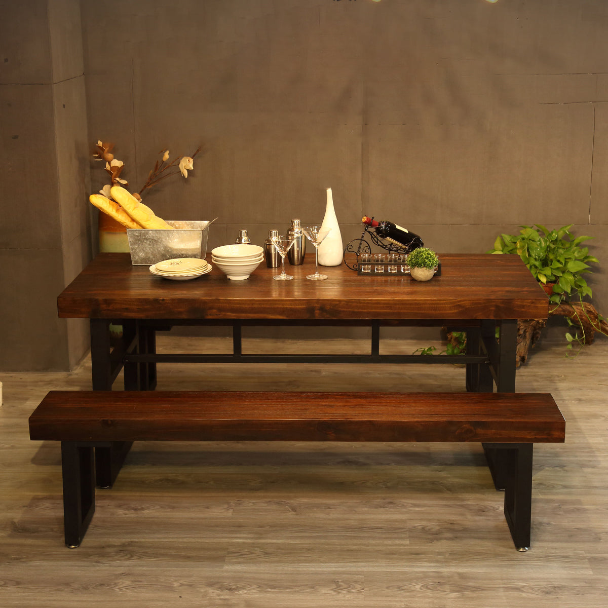 Industrial Style Solid Wood Dining Table Brown Rectangle Table with Trestle Base for Dinning Room