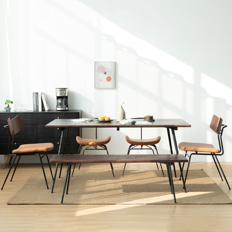 Industrial Style Oak Solid Wood Dining Table Brown Rectangle Table with Metal Base for Home Use