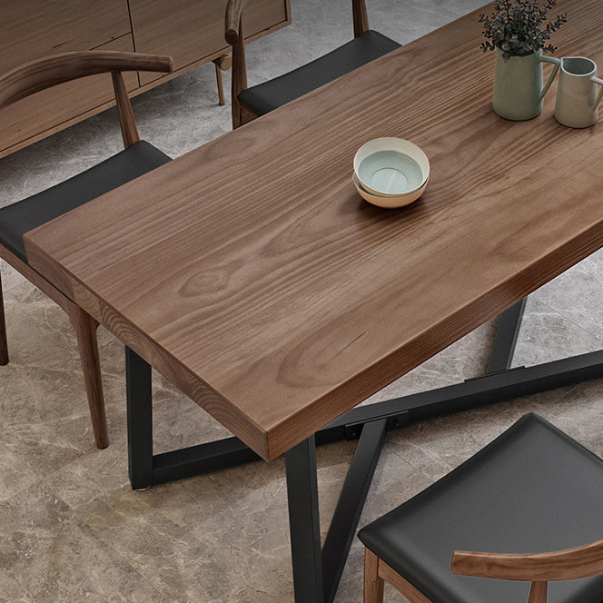 Industrial Solid Wood Dining Table Brown Rectangle Table with Metal Base for Dinning Room
