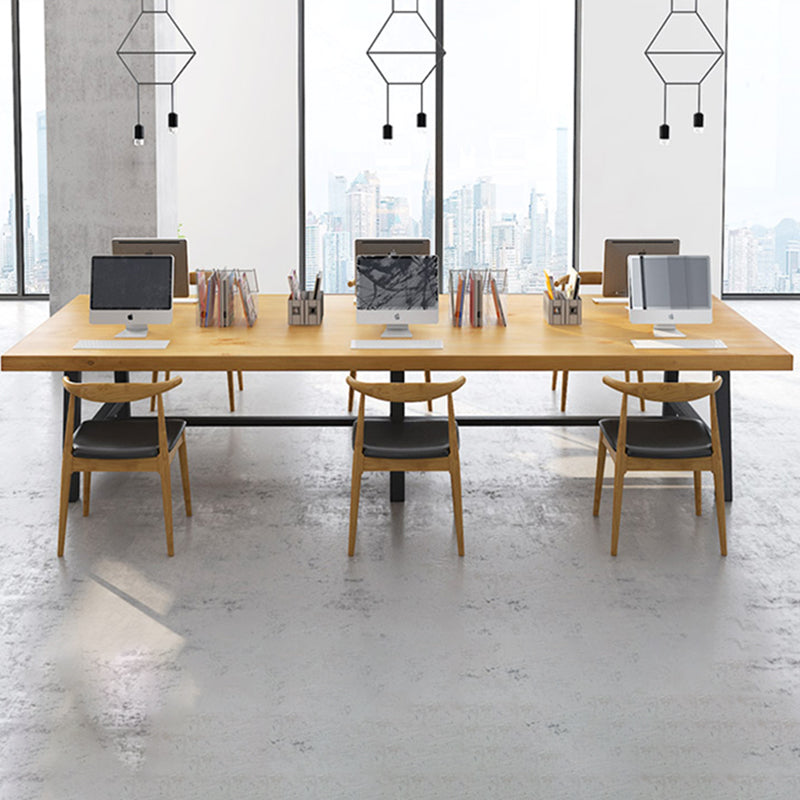 Rectangle Wood Color Dining Table Solid Wood Table Industrial with Trestle Base