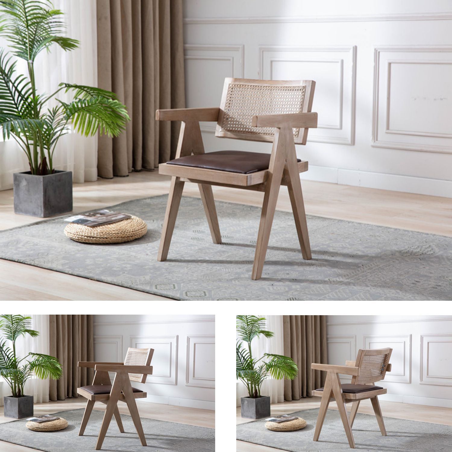 Farmhouse Style Ash Wood Chair Open Back Dining Room Kitchen Arm Chairs Set