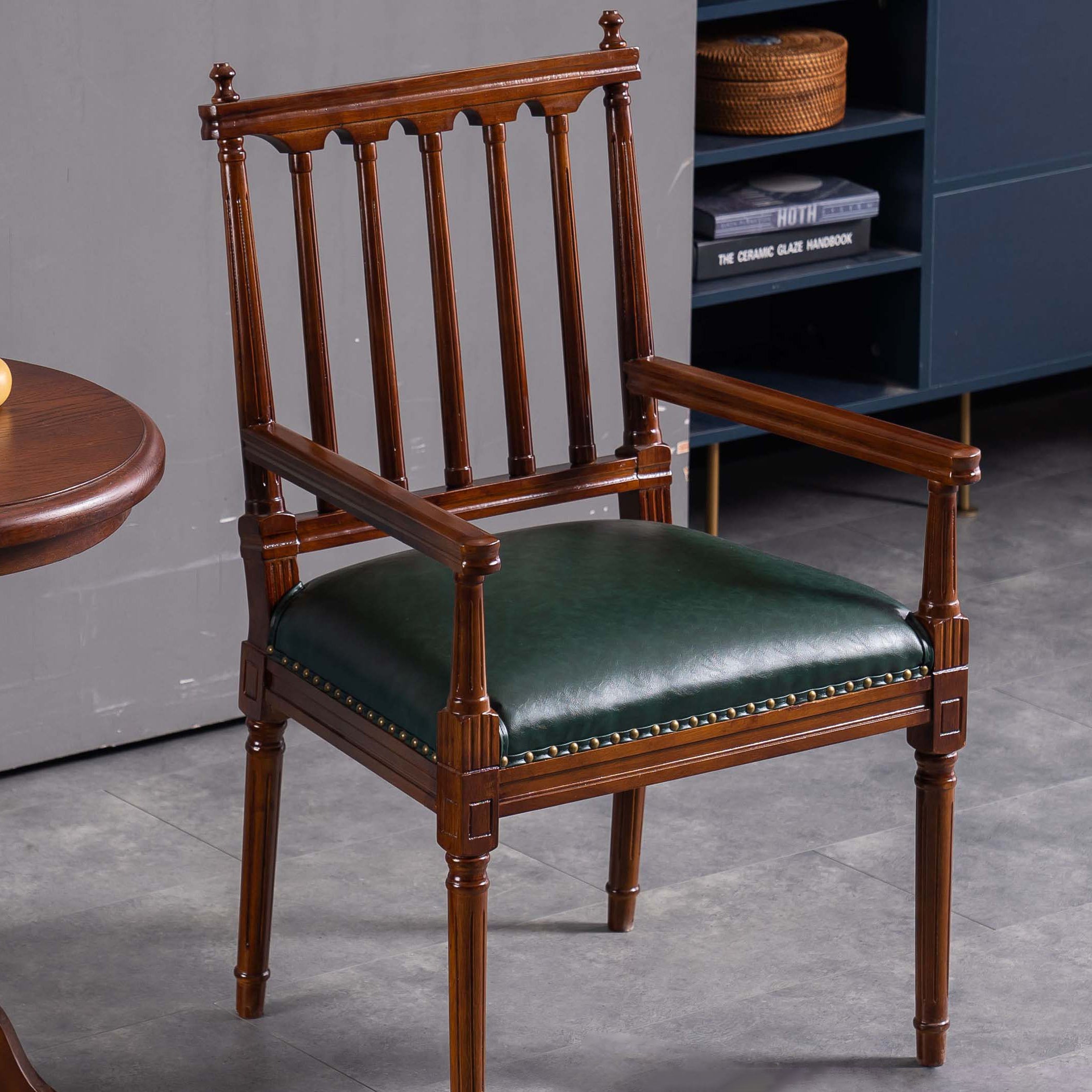 Traditional Study Room Leather Arm Chair Walnut Slat Back Dining Chair