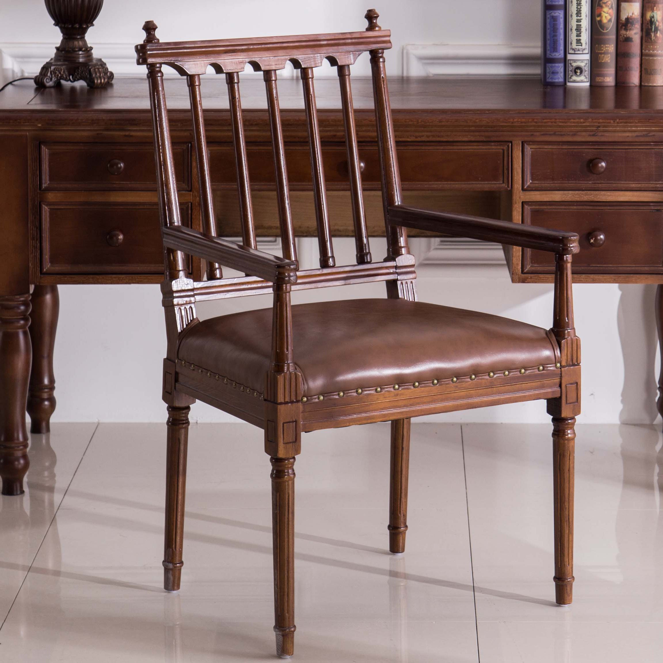Traditional Study Room Leather Arm Chair Walnut Slat Back Dining Chair