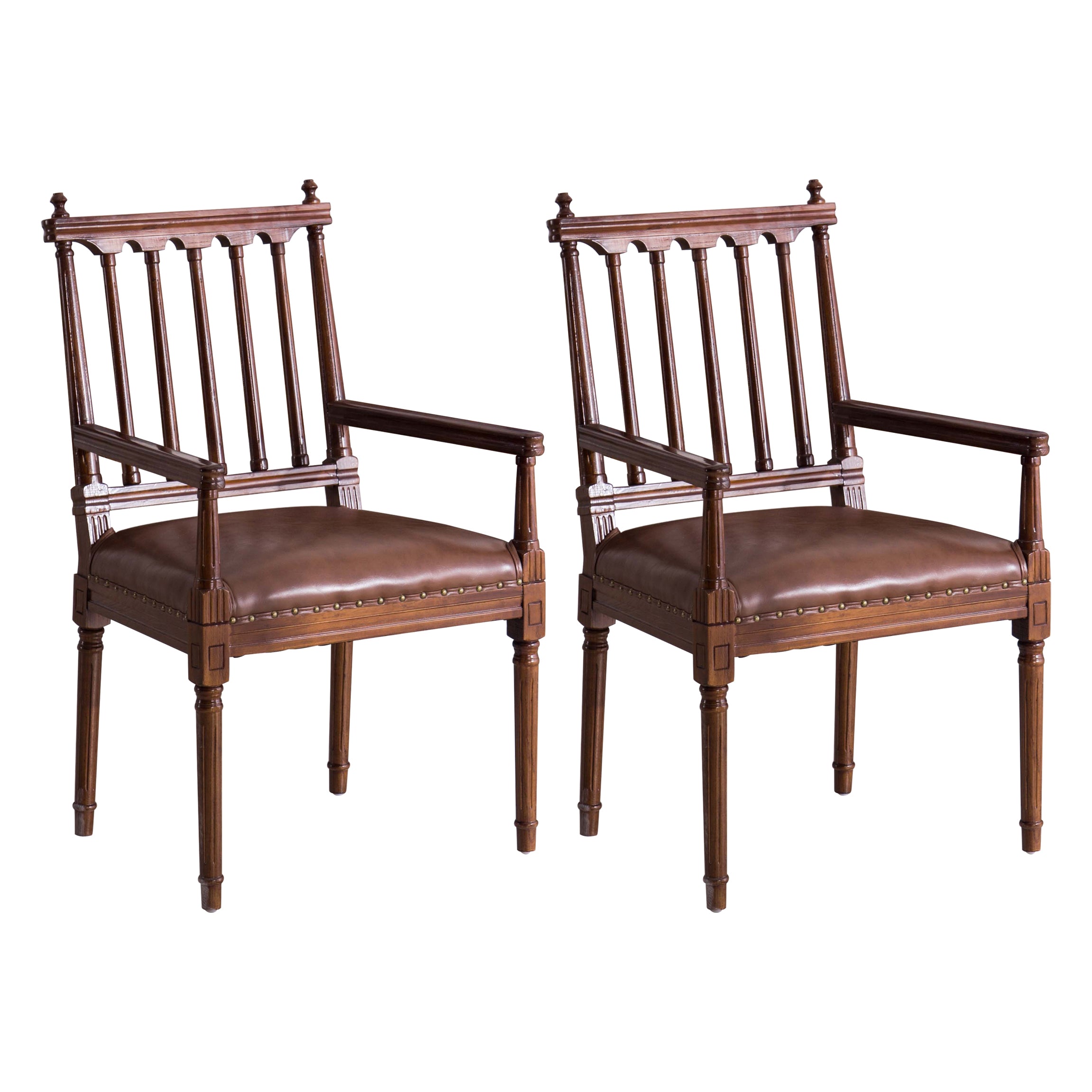 Traditional Study Room Leather Arm Chair Walnut Slat Back Dining Chair