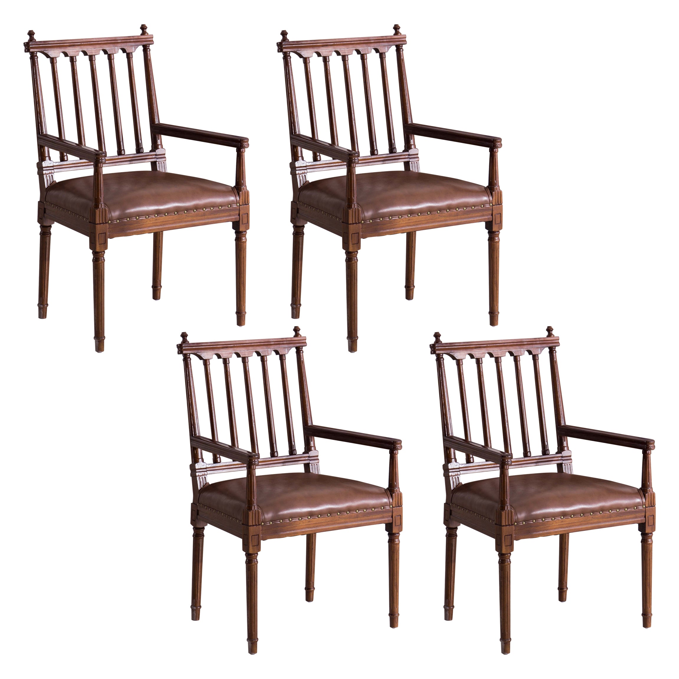 Traditional Study Room Leather Arm Chair Walnut Slat Back Dining Chair