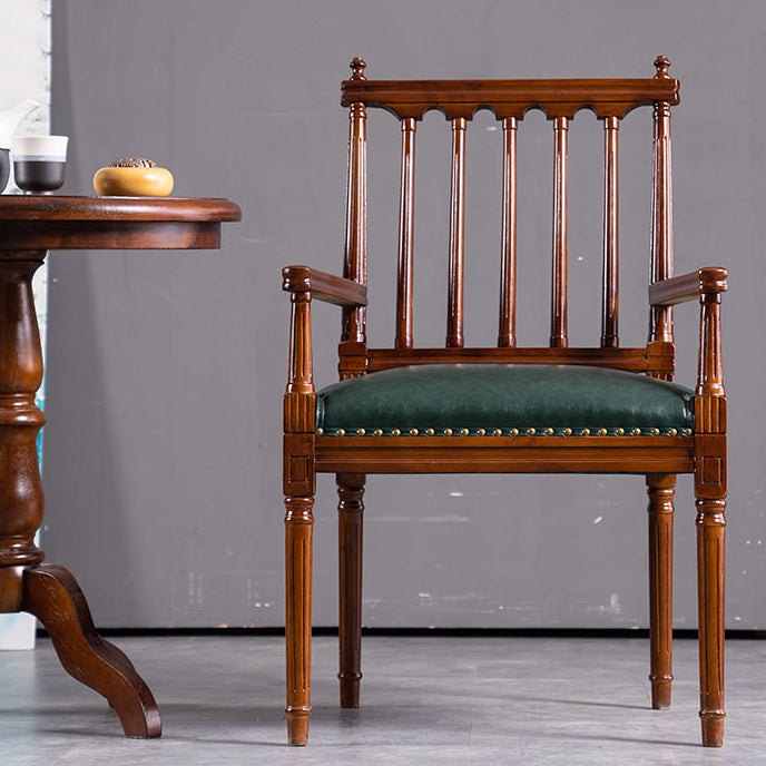 Traditional Study Room Leather Arm Chair Walnut Slat Back Dining Chair