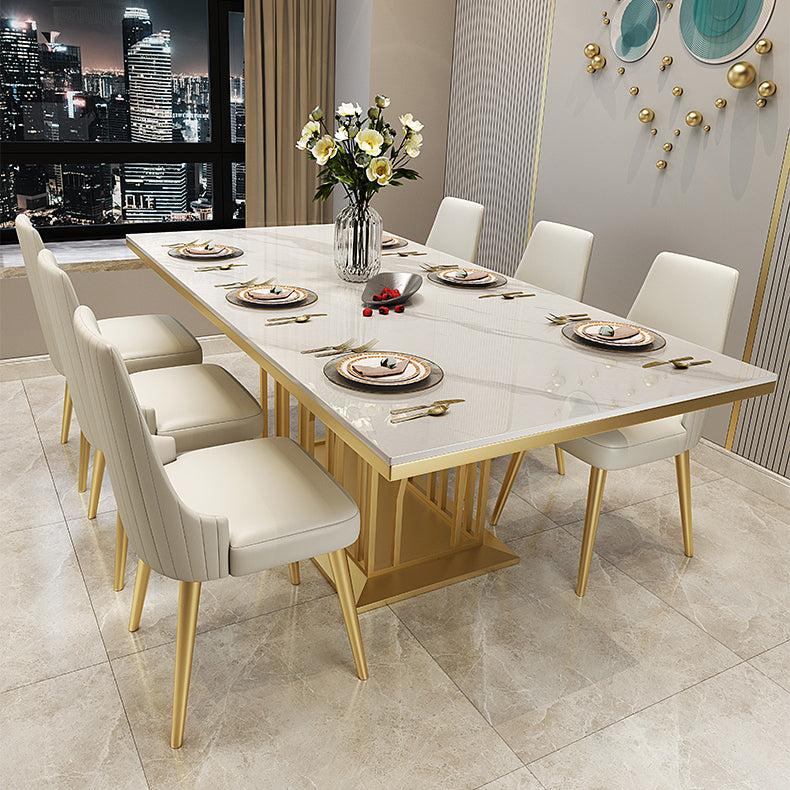 Glam Gesinterde stenen witte eettafel Rechthoekige standaard eettafel met voetstuk