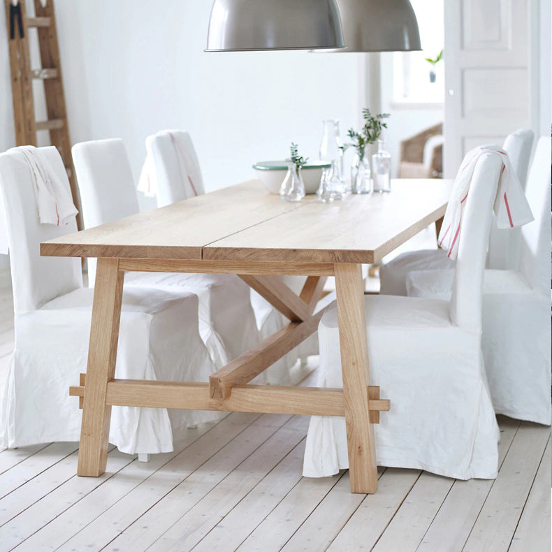 Simple Solid Wood Rectangle Shape Dining Table Khaki Standard Dining Table with Trestle Base