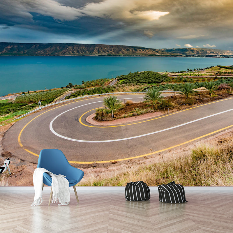 Horizontal Photography Curvy Road Mural Decorative Mildew Resistant for Living Room