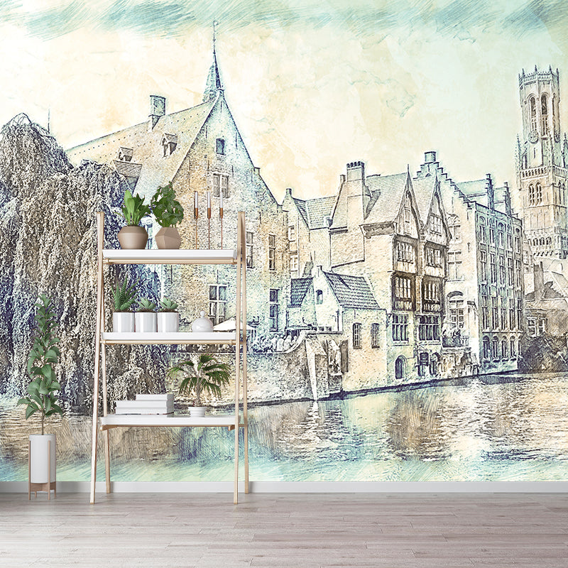 Urban Landscape Illustration Mural Wallpaper Moisture Resistant for Living Room