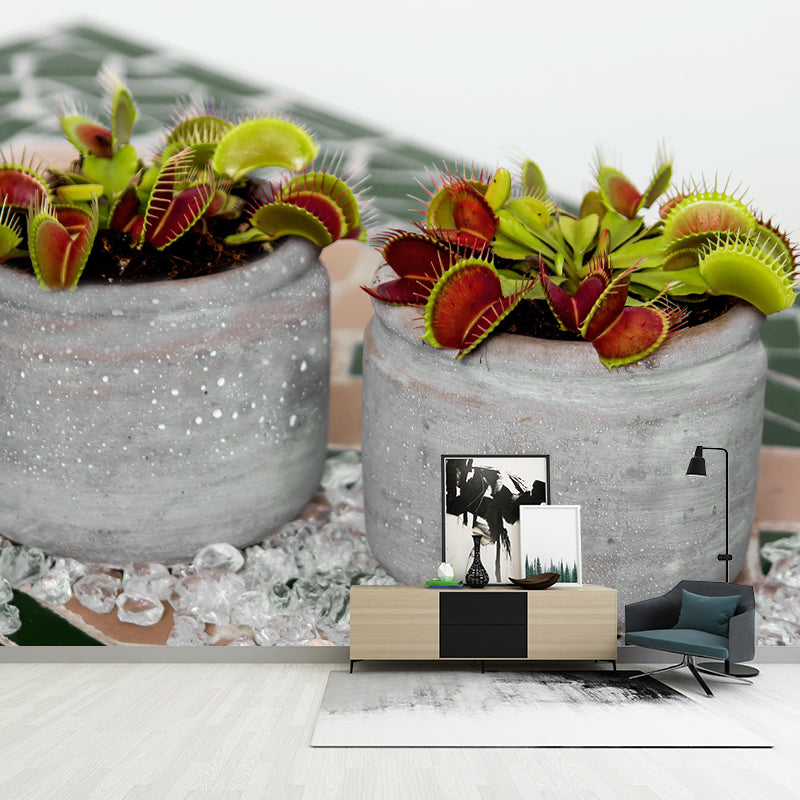 Contemporary Venus Flytrap Mural Environment Friendly Wallpaper for Living Room