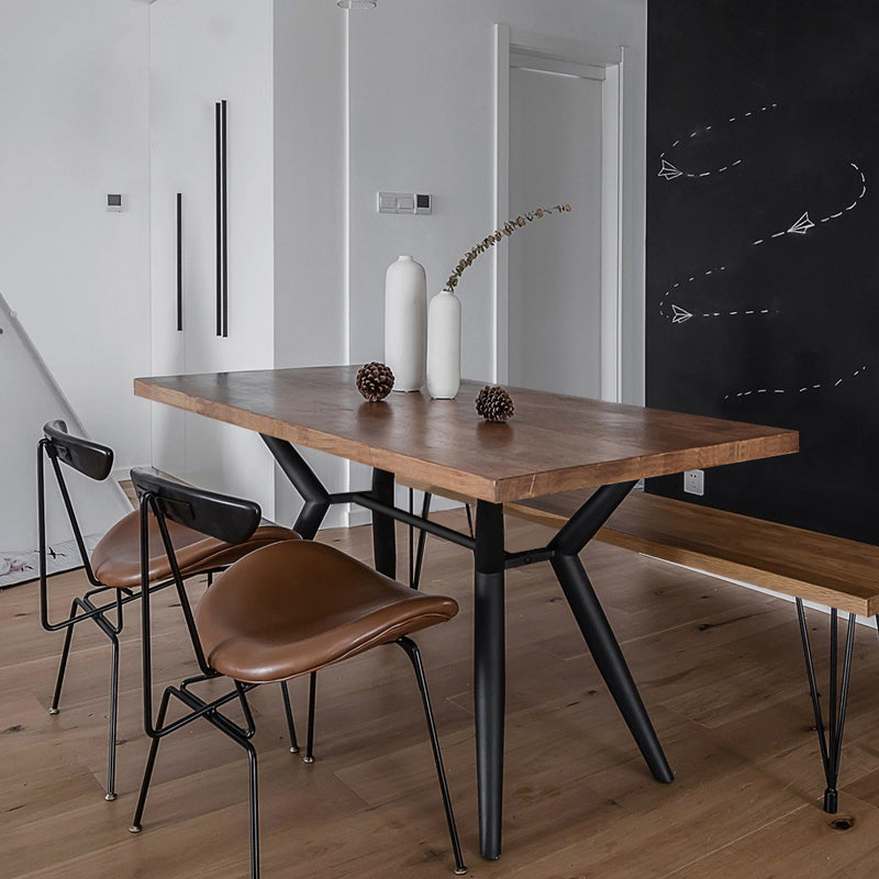 Rectangle Industrial Dining Table Wood Color Fixed Table with Solid Wood