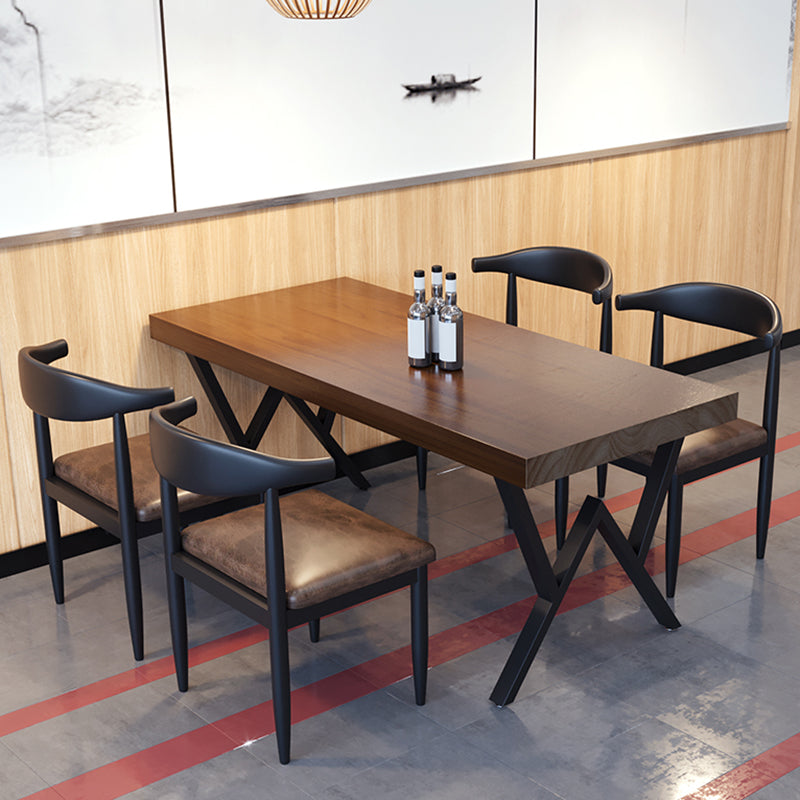 Industriële rechthoek eetkamer tafel dennen vaste houten tafel met zwart dubbel voetstuk