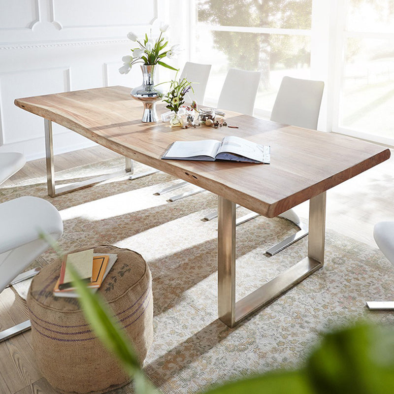 Rectangle Wood Color Dining Table Solid Wood Table Glam Style with Double Pedestal