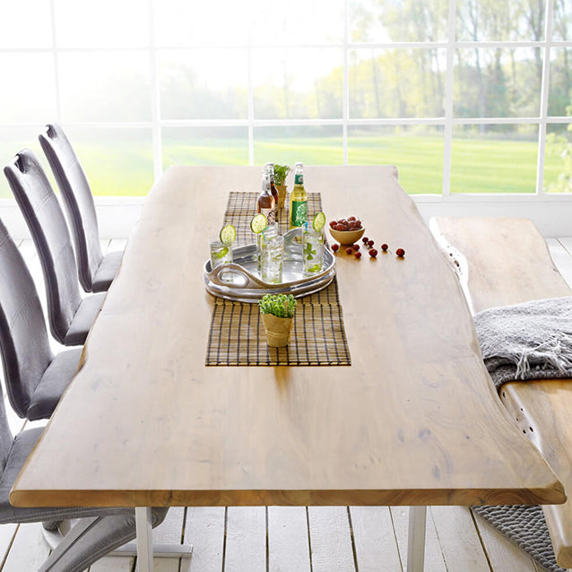 Rectangle Wood Color Dining Table Solid Wood Table Glam Style with Double Pedestal