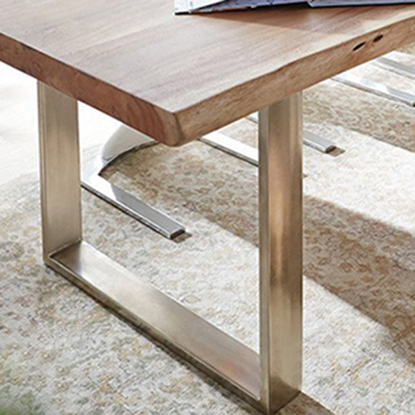 Rectangle Wood Color Dining Table Solid Wood Table Glam Style with Double Pedestal
