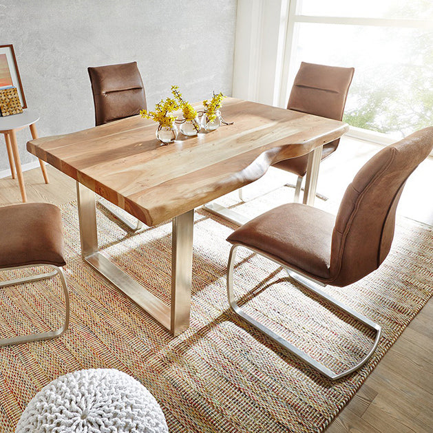 Rectangle Wood Color Dining Table Solid Wood Table Glam Style with Double Pedestal