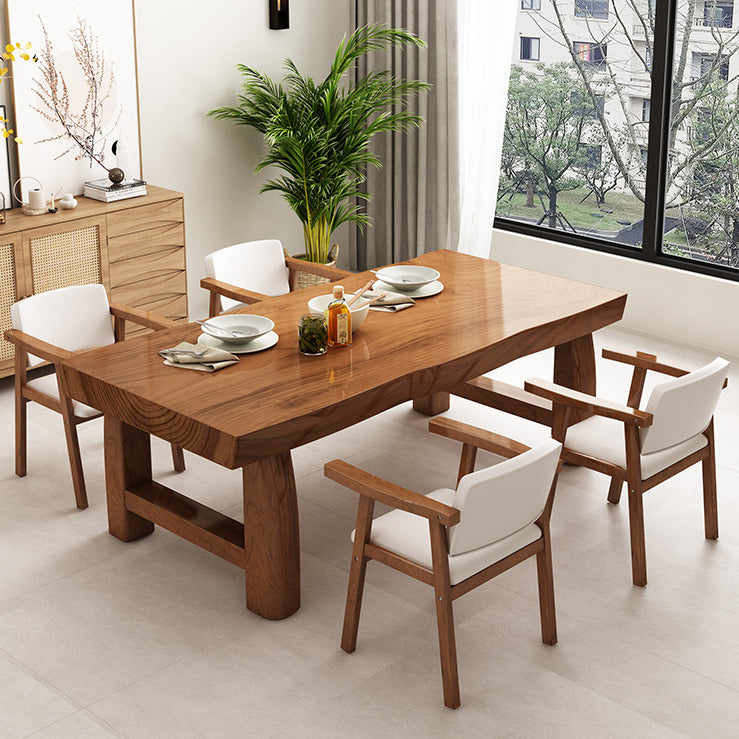 Table à manger de table en bois massif en pin avec piédestal double, en marron