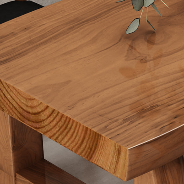 Table à manger de table en bois massif en pin avec piédestal double, en marron