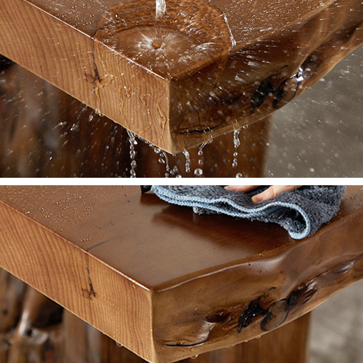 Table à manger de table en bois massif en pin avec piédestal double, en marron