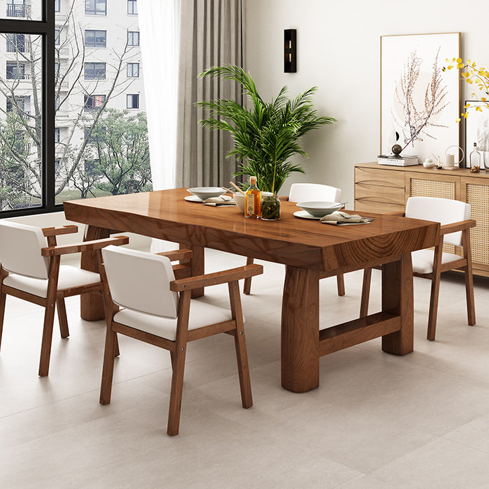Table à manger de table en bois massif en pin avec piédestal double, en marron